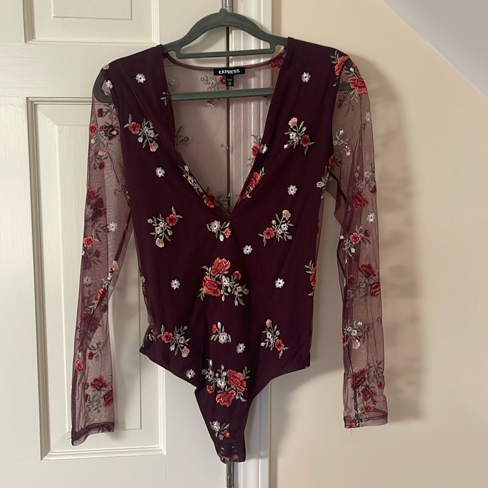 Express Burgundy Flower Body Suit XS